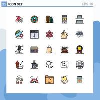 conjunto de cores planas de linha preenchida de interface móvel de 25 pictogramas de vídeo de escritório inferior vertical elementos de design de vetores editáveis móveis