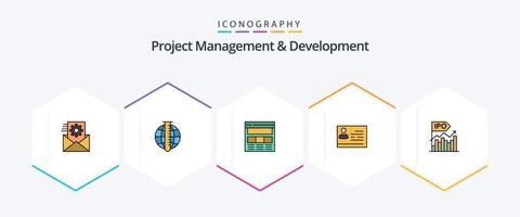 gerenciamento de projetos e desenvolvimento 25 pacote de ícones de linha preenchida, incluindo carteira de identidade. licença. pesquisa. licença para trabalhar. rede vetor