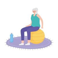 idosos em atividade, velha sentada na bola de fitness com uma garrafa de água vetor