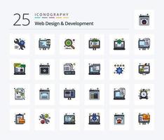 web design e desenvolvimento pacote de ícones cheios de 25 linhas, incluindo laptop. ferramenta de edição. motor. rede. Projeto vetor
