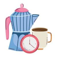 métodos de preparação do café, xícara moka e hora do relógio vetor