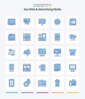 web seo criativa e mídia publicitária 25 pacote de ícones azuis, como jornal. alcançar. rádio. apontar. projetor vetor