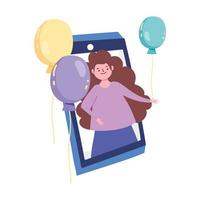 festa online, menina video smartphone balões decoração reunião celebração vetor
