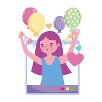 festa online, garota feliz comemorando a festa com balões vetor