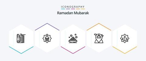 Pacote de ícones de 25 linhas do Ramadã, incluindo lua. mesquita. islamismo. prato. prato vetor