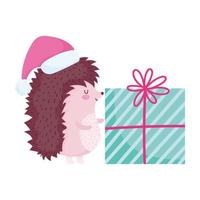 Feliz Natal, ouriço fofo com isolamento de ícone de celebração de desenho animado de presente vetor