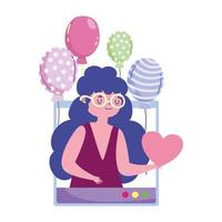 festa online, menina com balões site de celebração de vídeo reunião vetor