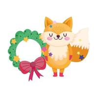 Feliz Natal, linda raposa com isolamento de ícone de celebração de desenho animado de decoração de grinalda vetor