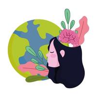 dia mundial da saúde mental, menina com folhas de cérebro de planeta no desenho da cabeça vetor