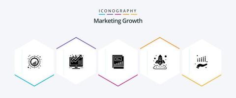 pacote de ícones de 25 glifos de crescimento de marketing, incluindo foguete. gráfico. crescimento. o negócio. renda vetor