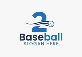 letra 2 conceito de logotipo de beisebol com modelo de ícone de beisebol em movimento vetor
