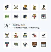 20 atributos esportivos e pacote de ícones de cores cheias de linhas de treinamento esportivo, como tigela de buzina de cerimônia de xícara vetor