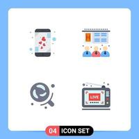 conjunto de ícones planos de interface móvel de 4 pictogramas de pesquisa de coração, treinamento de smartphone, transmissão, elementos de design de vetores editáveis