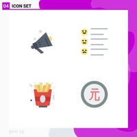 conjunto de pictogramas de 4 ícones planos simples de alto-falante formato de batatas fritas emojis moeda elementos de design de vetores editáveis