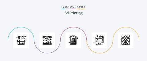 Pacote de ícones da linha 5 de impressão 3D, incluindo gadget. 3d. cubo. impressão. monitor vetor