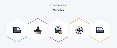 veículos 25 pacote de ícones de linha preenchida, incluindo van de entrega. vôo. excluir. aeroporto. aeroplano vetor