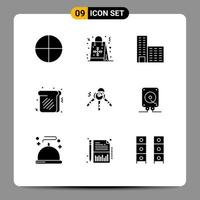 pacote de 9 sinais e símbolos de glifos sólidos modernos para mídia impressa na web, como arquitetura de chave de música, elementos de design de vetores editáveis doces