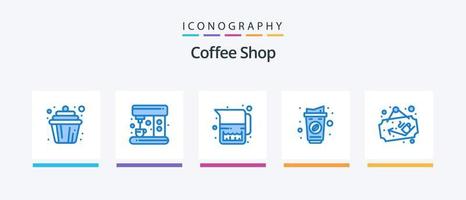 coffee shop blue 5 icon pack incluindo loja. café. jarro. beber. copo. design de ícones criativos vetor