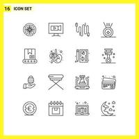 pacote de 16 sinais e símbolos de contornos modernos para mídia impressa na web, como construção de câncer, medalha de escavadeira de áudio, elementos de design de vetores editáveis