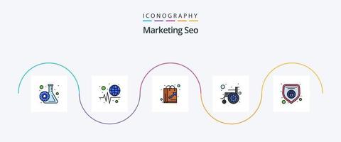 linha de SEO de marketing cheia de pacote de 5 ícones planos, incluindo deficiência. roda dentada. saco. acessibilidade. Curti vetor