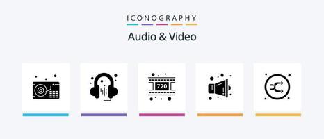 pacote de ícones de glifo 5 de áudio e vídeo, incluindo . aleatória. vídeo. música. flecha. design de ícones criativos