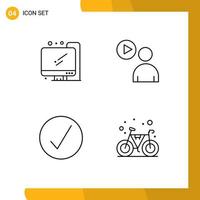 pacote de linha de 4 símbolos universais do usuário do reprodutor de mídia de computador assista elementos de design de vetores editáveis de bicicleta