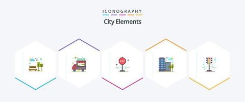 elementos da cidade 25 pacote de ícones planos, incluindo semáforos. sinal. placa. escritório. cidade vetor