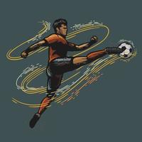 jogador de futebol chutando uma bola de futebol design retro colorido vetor
