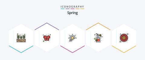 primavera 25 pacote de ícones de linha preenchida, incluindo sol. suco de laranja. brilho. sumo. beber vetor