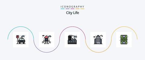 linha de vida da cidade preenchida com 5 ícones planos, incluindo . vida. vida. cidade. prédio vetor