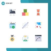 conjunto de cores planas de interface móvel de 9 pictogramas de eventos de ampulheta de programação de padaria e elementos de design de vetores editáveis de areia