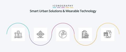 soluções urbanas inteligentes e pacote de ícones da linha 5 de tecnologia vestível, incluindo ar. poluição. o sinal. música. telefone vetor