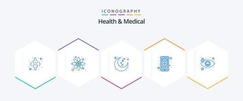 saúde e pacote de ícones azuis 25 médicos, incluindo queda. aplicativo móvel. pesquisa. on-line. tempo de descanso vetor