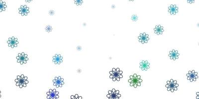 modelo de doodle de vetor azul e verde claro com flores.