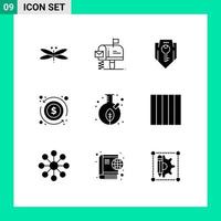 conjunto moderno de 9 glifos e símbolos sólidos, como dinheiro, mensagem de dólar, seta, segurança, elementos de design de vetores editáveis