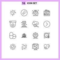 16 ícones criativos sinais modernos e símbolos de imagem de hobby de química de câmera de segurança elementos de design de vetores editáveis