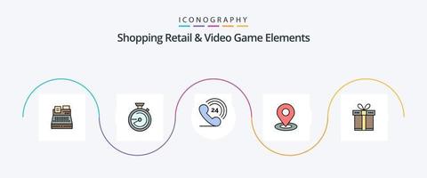 shoping varejo e linha de elementos de videogame cheia de pacote de 5 ícones planos, incluindo compras. Presente. Telefone . localização. mapa vetor