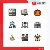 9 interface do usuário pacote de cores planas de linha cheia de sinais e símbolos modernos de elementos de design de vetor editável em nuvem de servidor de comida de laptop real