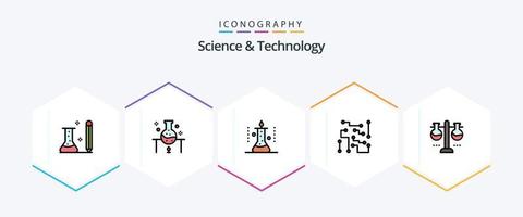 pacote de ícones de 25 linhas preenchidas de ciência e tecnologia, incluindo vidraria de laboratório. laboratório químico. experimento científico. Ciência. eletrônicos vetor