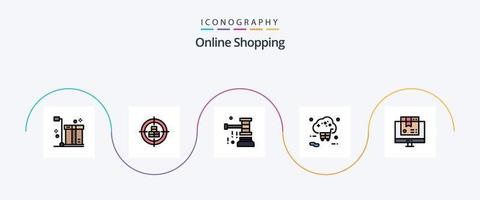 linha de compras on-line cheia de pacote de ícones de 5 planos, incluindo on-line. Comprar. alvo. namorados. martelo vetor