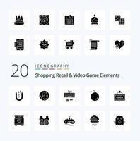20 elementos de varejo e videogames pacote de ícones de glifo sólido como placa de explosão de teclado aberto vetor
