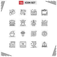 16 sinais de contorno universal, símbolos de bolsa, dinheiro, câmera, finanças, captura, elementos de design de vetores editáveis