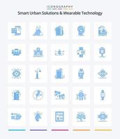 soluções urbanas inteligentes criativas e tecnologia vestível 25 pacote de ícones azuis, como fone de ouvido. vr. alerta. Internet. cidade inteligente vetor