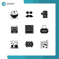 conjunto de glifos sólidos de interface móvel de 9 pictogramas de óculos domésticos da web recebendo elementos de design de vetores editáveis sms sms