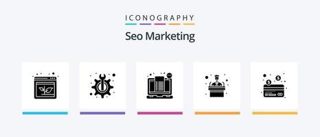 pacote de ícones seo marketing glyph 5 incluindo crédito. Treinamento. conta. apresentação. bilhete. design de ícones criativos vetor