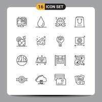 16 sinais de contorno universal símbolos de compra de reparo de abacaxi de comida e elementos de design de vetores editáveis