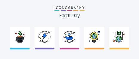 a linha do dia da terra preencheu o pacote de 5 ícones, incluindo criativo. verde. reciclar. veículo. elétrico. design de ícones criativos vetor