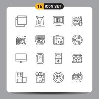conjunto de pictogramas de 16 contornos simples de escudo de proteção de construção monitor maleta de seguro elementos de design de vetores editáveis