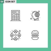 conjunto moderno de 4 cores e símbolos planos de linha preenchida, como calculadora, cabeça de trabalho, pessoas, alimentos, elementos de design de vetores editáveis