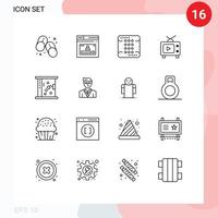 grupo de símbolos de ícones universais de 16 contornos modernos de perfil de televisão de vídeo, comida de tv, elementos de design de vetores editáveis